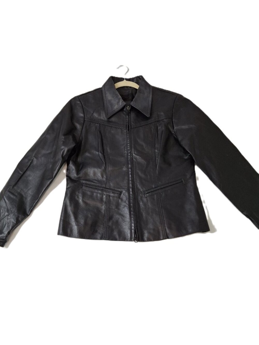 Vintage Sz M Women's Genuine Black Leather Jacket Leather Ranch Zip Up - Picture 2 of 11